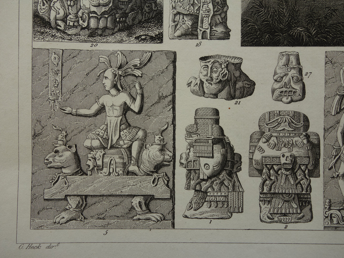 Mexikaanse Azteekse religie antieke print originele 1849 oude illustratie Azteken sculpturen rituelen vintage religie prenten mensoffer