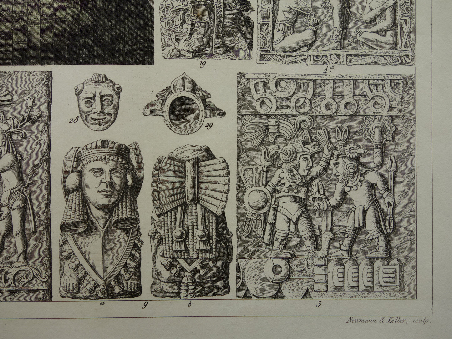 Mexikaanse Azteekse religie antieke print originele 1849 oude illustratie Azteken sculpturen rituelen vintage religie prenten mensoffer