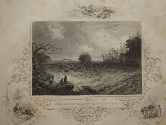 Oude gravure Niagara Falls Originele antieke illustratie waterval Vintage prenten VS