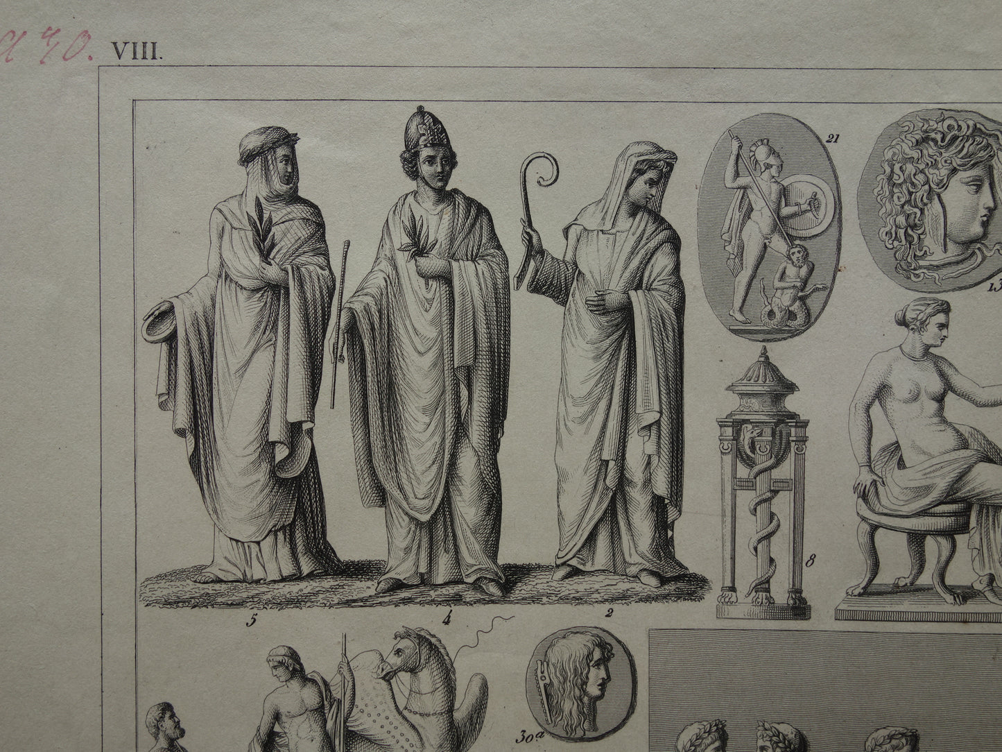 Griekse en Romeinse Goden uit de Oudheid 1849 oude illustratie Minotaur Amazone