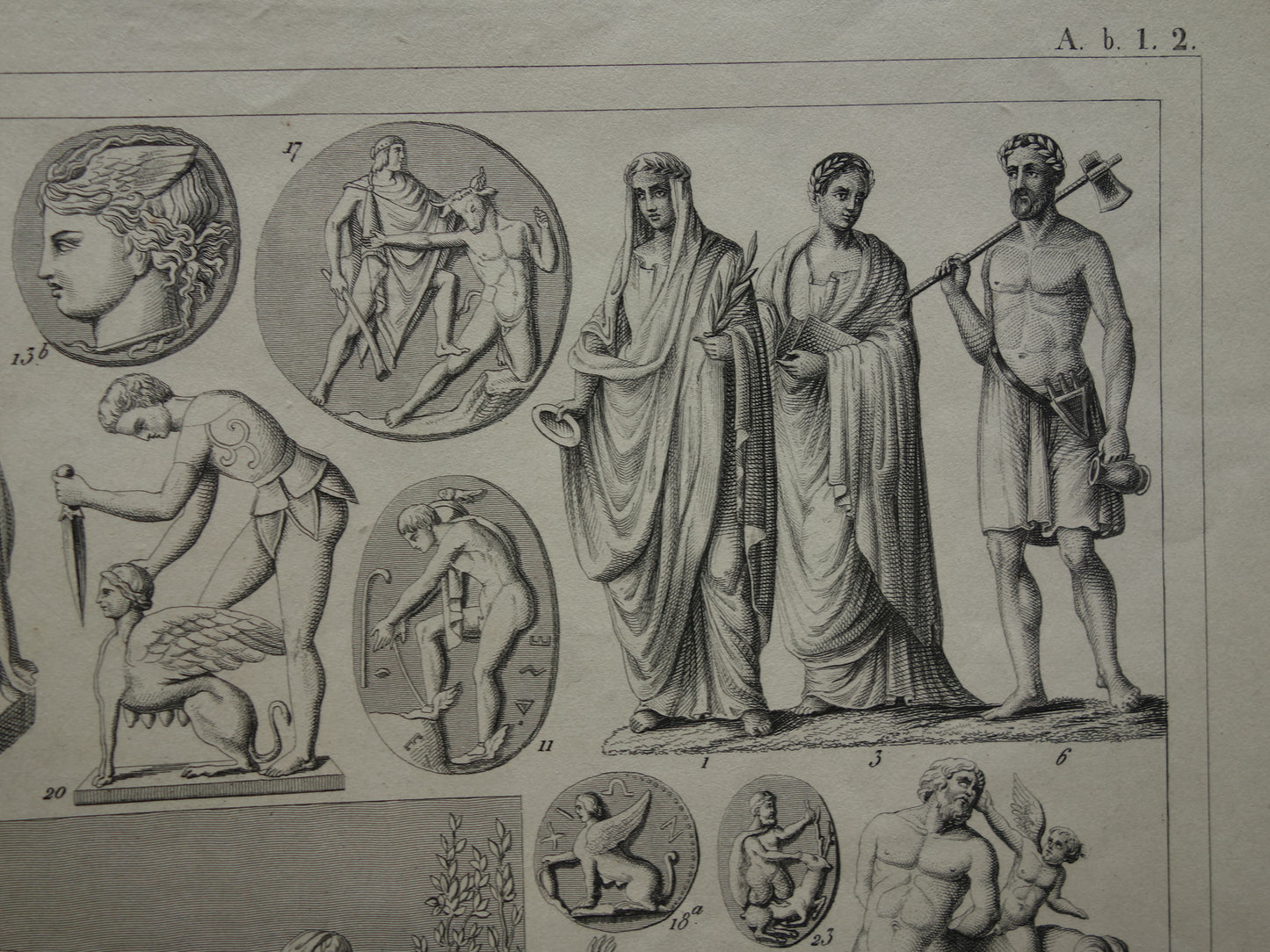 Griekse en Romeinse Goden uit de Oudheid 1849 oude illustratie Minotaur Amazone