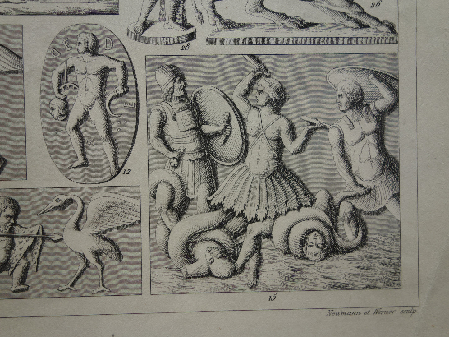 Griekse en Romeinse Goden uit de Oudheid 1849 oude illustratie Minotaur Amazone