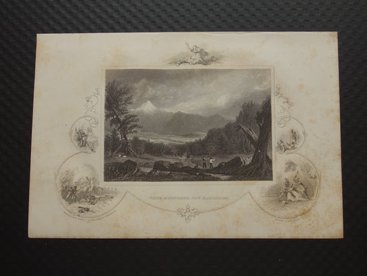 Oude gravure White Mountains New Hampshire Originele antieke illustratie Vintage prenten VS