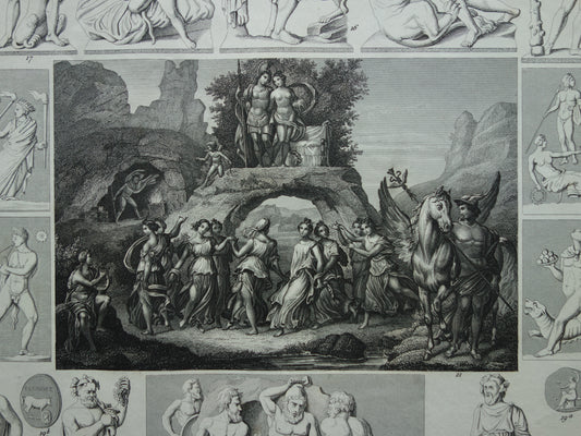 Oude gravure van Griekse en Romeinse Goden 1849 origineel antieke illustratie