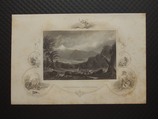 Oude gravure White Mountains New Hampshire Originele antieke illustratie Vintage prenten VS