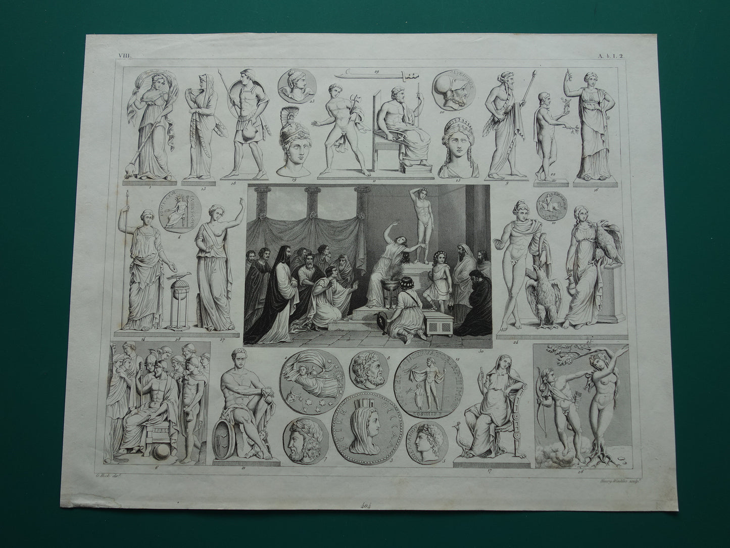 Vintage print van Griekse en Romeinse goden Originele antieke illustratie Mars Apollo Jupiter oude religie prent