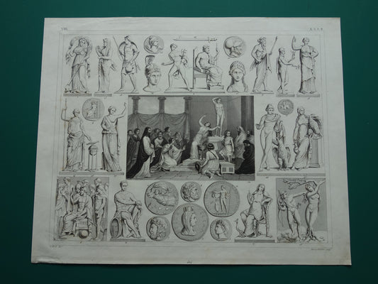 Vintage print van Griekse en Romeinse goden Originele antieke illustratie Mars Apollo Jupiter oude religie prent