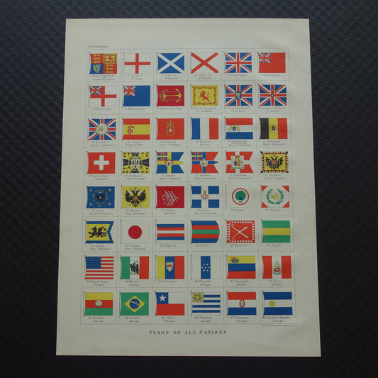VLAGGEN Oude Engelse prent van nationale vlag landen over de hele wereld 1901 originele antieke illustratie