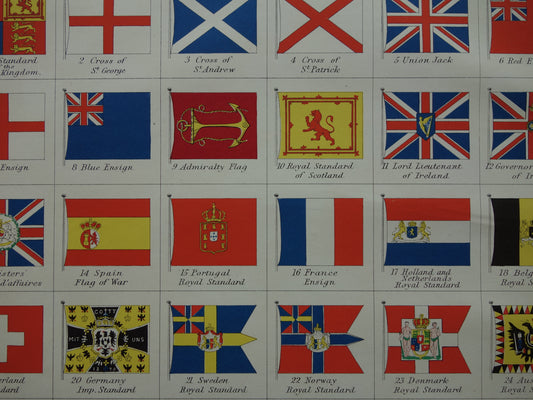 VLAGGEN Oude Engelse prent van nationale vlag landen over de hele wereld 1901 originele antieke illustratie