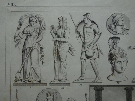 Vintage print van Griekse en Romeinse goden Originele antieke illustratie Mars Apollo Jupiter oude religie prent