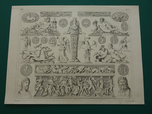 Antiker Druck griechischer und römischer Götter. Originale, über 170 Jahre alte Illustration. Gottskulpturen, Diana, Neptun, Vintage-Religionsdrucke der Antike