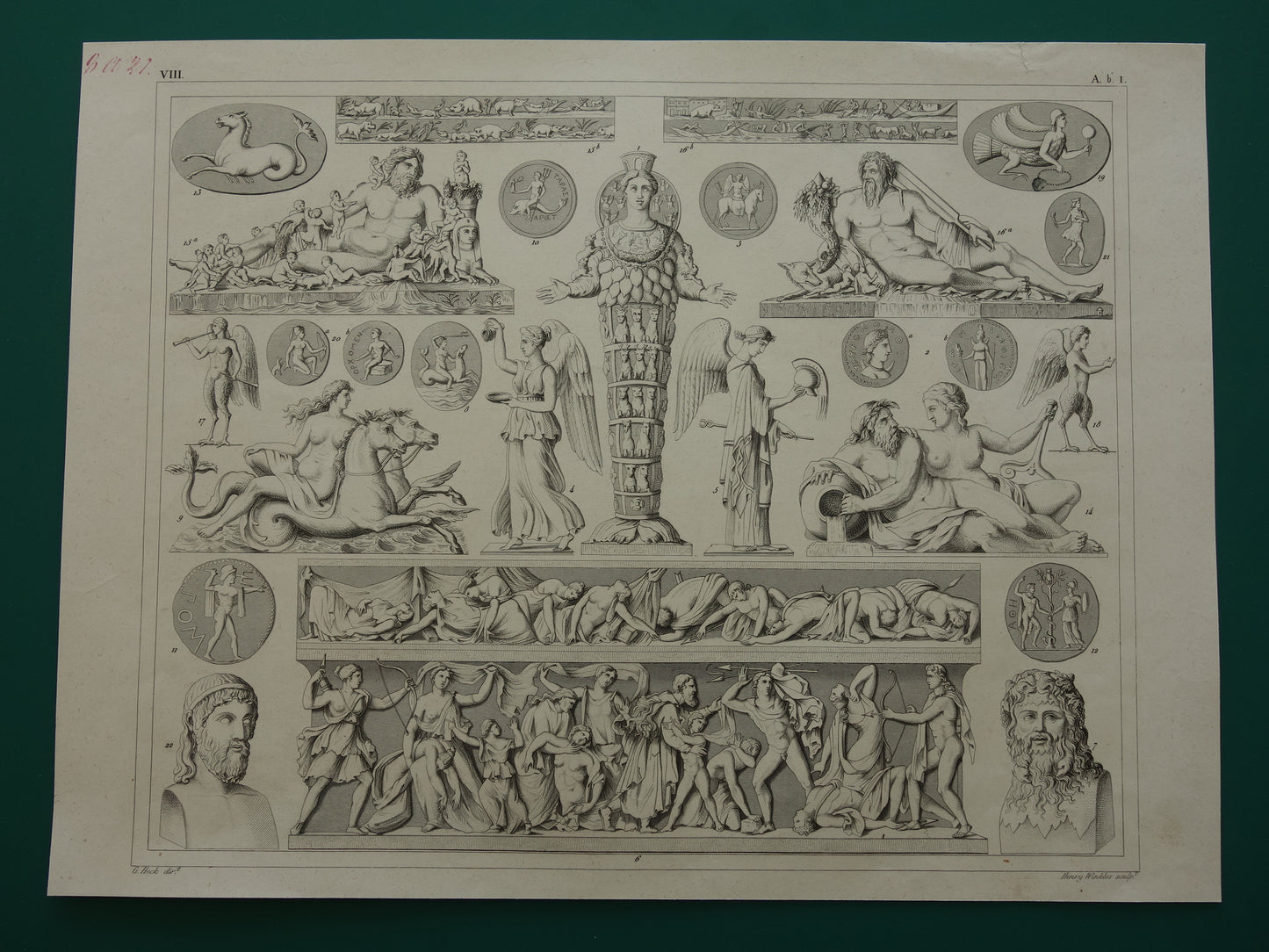 Griekse en Romeinse goden oude print Originele 175+ jaar oude illustratie God Sculpturen Diana Neptunus vintage religie prenten oudheid