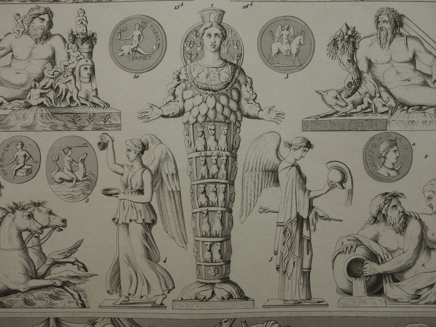 Griekse en Romeinse goden oude print Originele 175+ jaar oude illustratie God Sculpturen Diana Neptunus vintage religie prenten oudheid