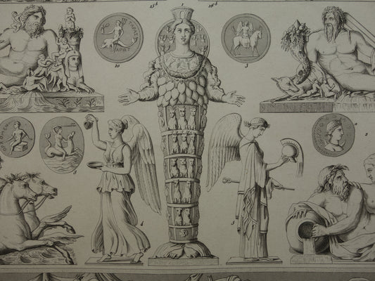 Griekse en Romeinse goden oude print Originele 175+ jaar oude illustratie God Sculpturen Diana Neptunus vintage religie prenten oudheid