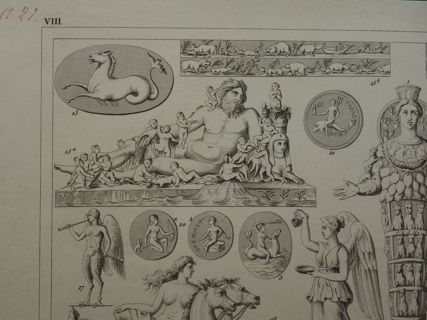 Griekse en Romeinse goden oude print Originele 175+ jaar oude illustratie God Sculpturen Diana Neptunus vintage religie prenten oudheid