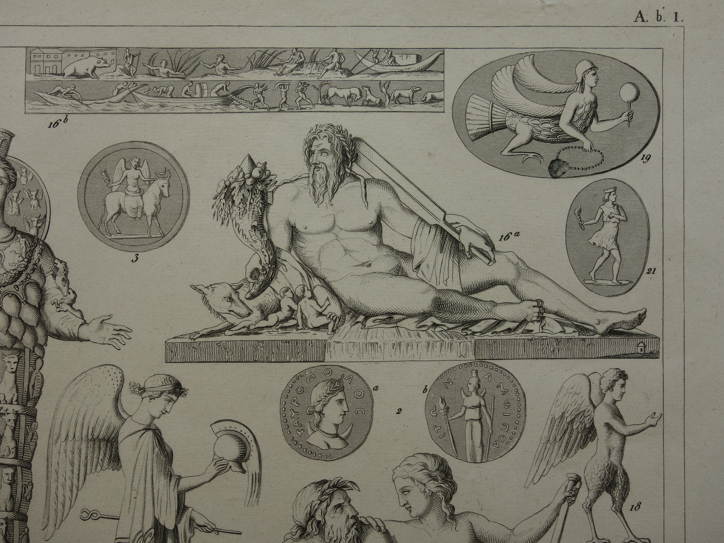 Griekse en Romeinse goden oude print Originele 175+ jaar oude illustratie God Sculpturen Diana Neptunus vintage religie prenten oudheid