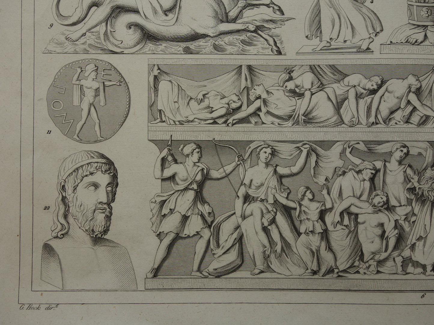 Griekse en Romeinse goden oude print Originele 175+ jaar oude illustratie God Sculpturen Diana Neptunus vintage religie prenten oudheid