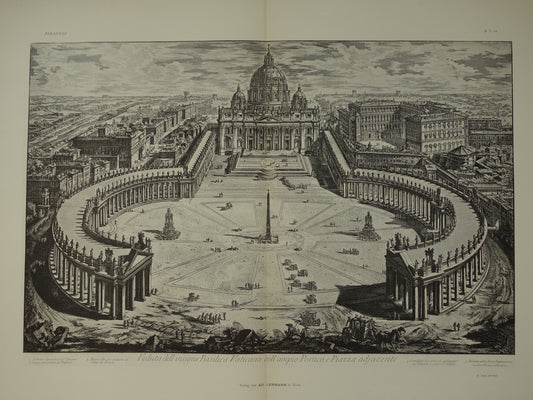 Oude prent van Sint Pietersplein Rome uit 1886 antieke facsimile Piranesi uit Vedute di Roma vintage print Sint-Pietersbasiliek