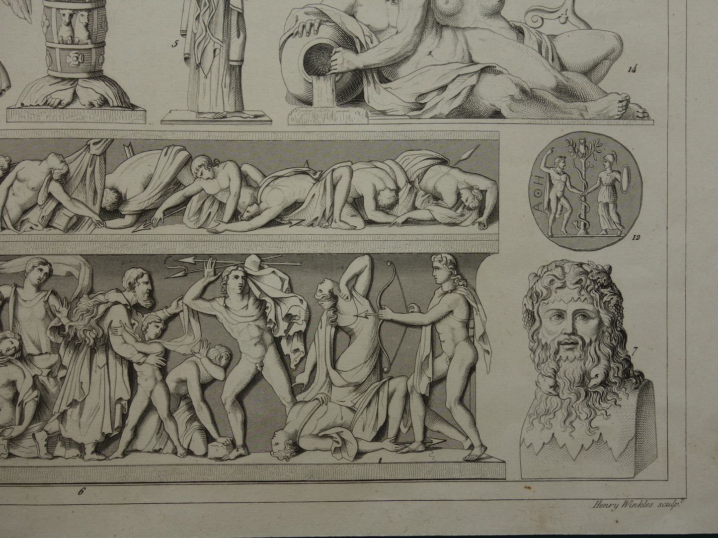 Griekse en Romeinse goden oude print Originele 175+ jaar oude illustratie God Sculpturen Diana Neptunus vintage religie prenten oudheid