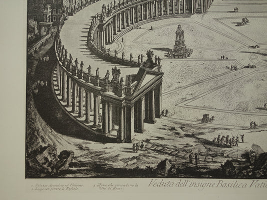 Oude prent van Sint Pietersplein Rome uit 1886 antieke facsimile Piranesi uit Vedute di Roma vintage print Sint-Pietersbasiliek