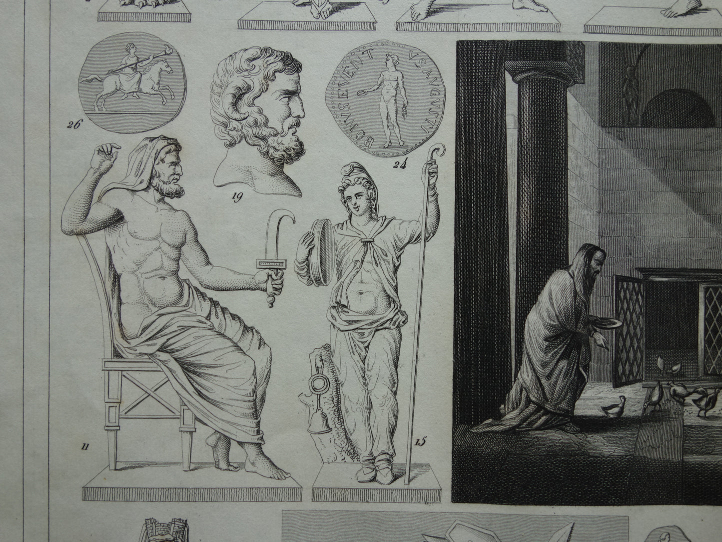 Oude prent van Griekse en Romeinse goden Antieke illustratie Oud Rome Religie God rituelen Vintage prenten Augur