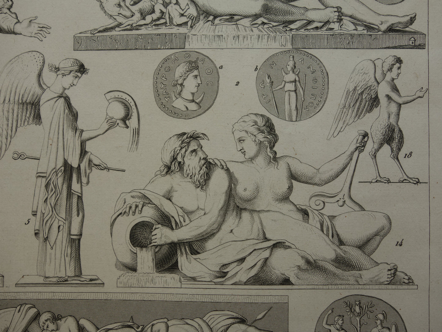 Griekse en Romeinse goden oude print Originele 175+ jaar oude illustratie God Sculpturen Diana Neptunus vintage religie prenten oudheid