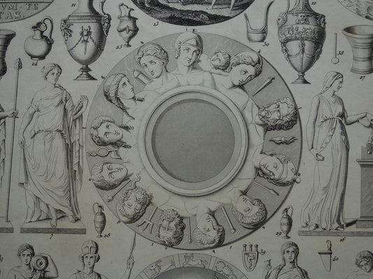 Griekse en Romeinse goden antieke prent Originele 175+ jaar oude illustratie Goden Religie Sculpturen Rituelen vintage religieuze prenten oudheid