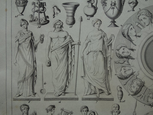 Griekse en Romeinse goden antieke prent Originele 175+ jaar oude illustratie Goden Religie Sculpturen Rituelen vintage religieuze prenten oudheid