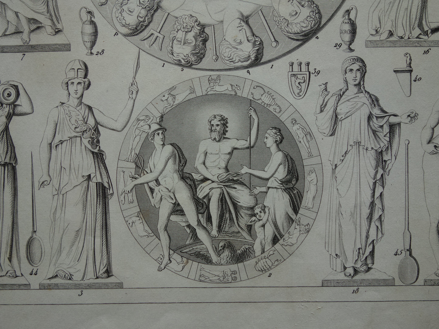 Griekse en Romeinse goden antieke prent Originele 175+ jaar oude illustratie Goden Religie Sculpturen Rituelen vintage religieuze prenten oudheid