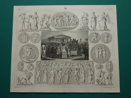 Griekse en Romeinse goden antieke print Originele 175+ jaar oude illustratie God Sculpturen Amor Eros vintage religie prenten oudheid
