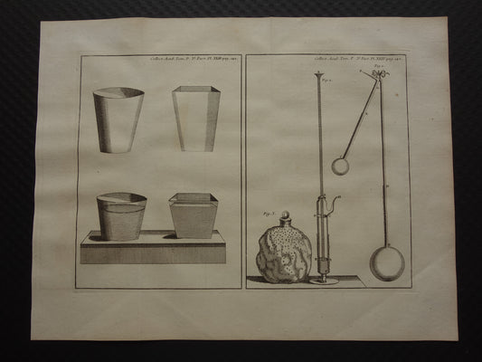 Oude prent natuurkunde experimenten 1755 originele antieke illustratie van laboratorium proeven