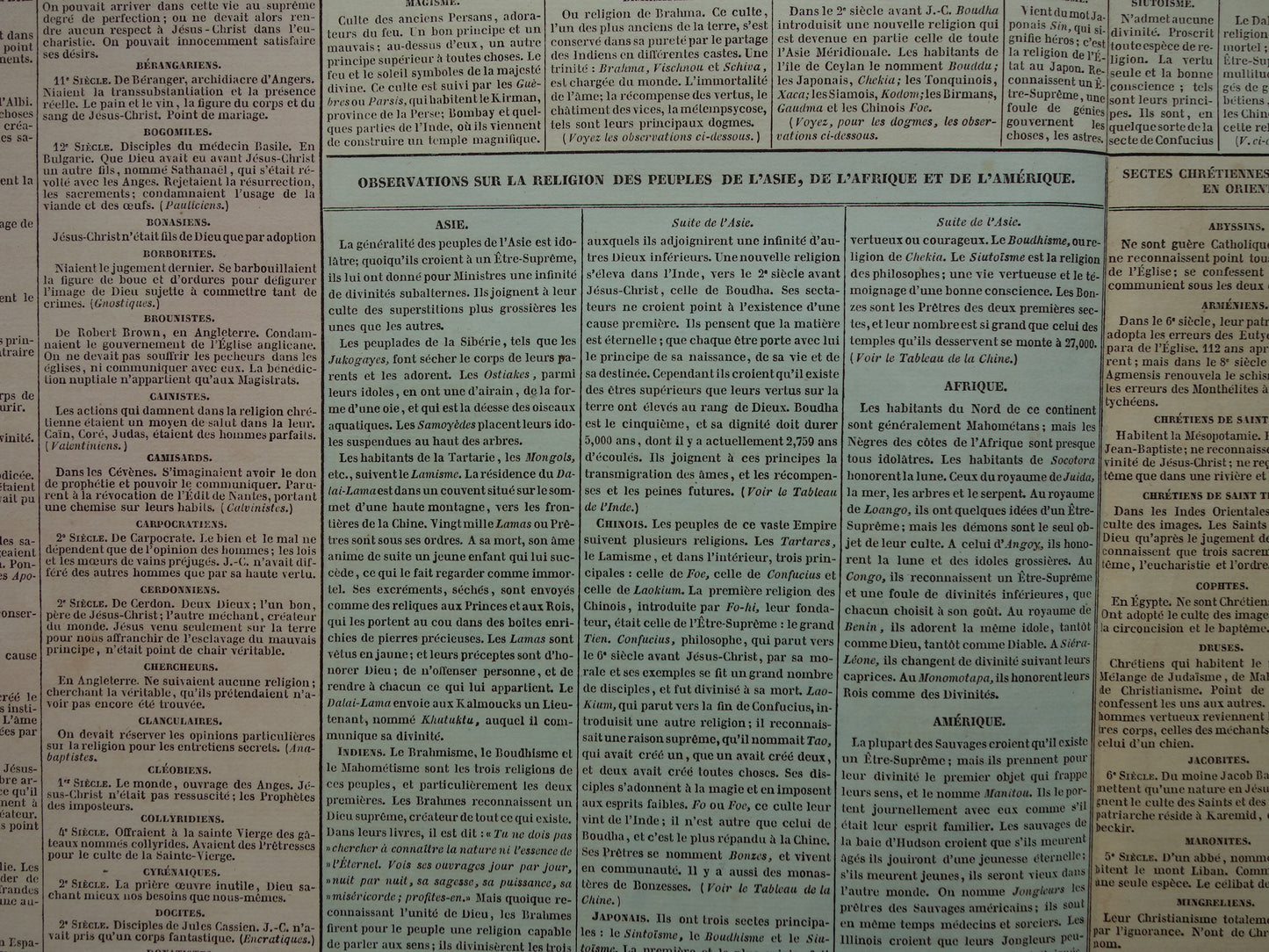 GODSDIENST Oude Franse prent over Godsdiensten en Sektes / Sekten Antieke illustratie Religie Vintage poster Theologie