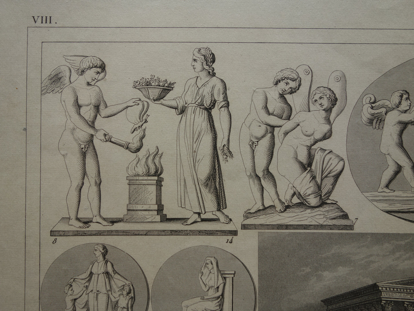 Griekse en Romeinse goden antieke print Originele 175+ jaar oude illustratie God Sculpturen Amor Eros vintage religie prenten oudheid