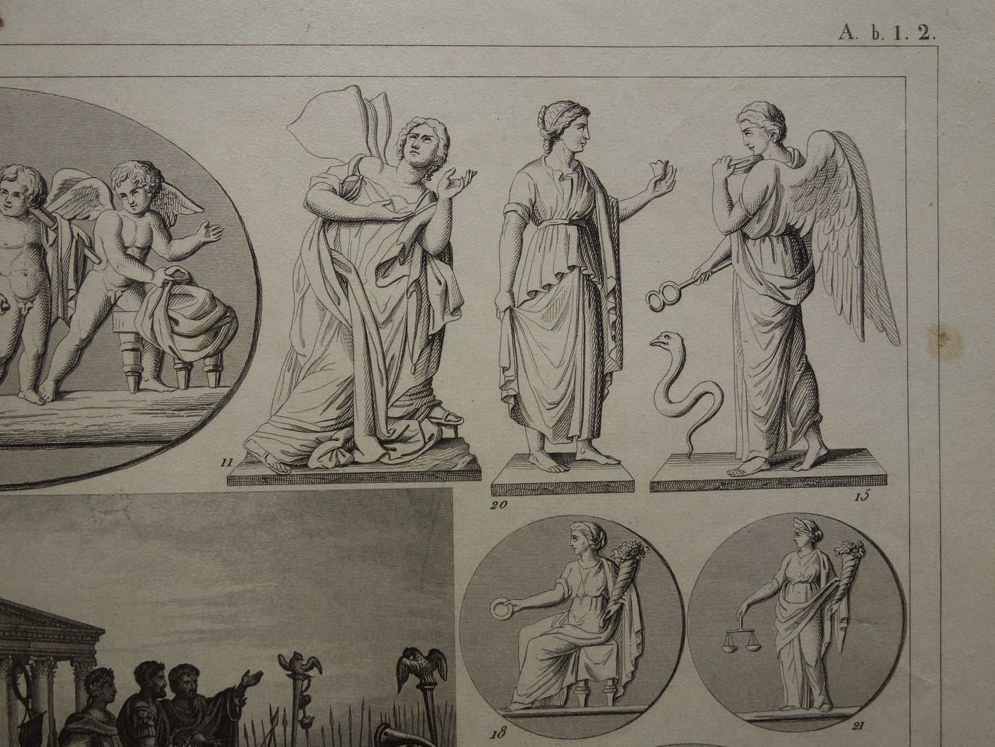 Griekse en Romeinse goden antieke print Originele 175+ jaar oude illustratie God Sculpturen Amor Eros vintage religie prenten oudheid