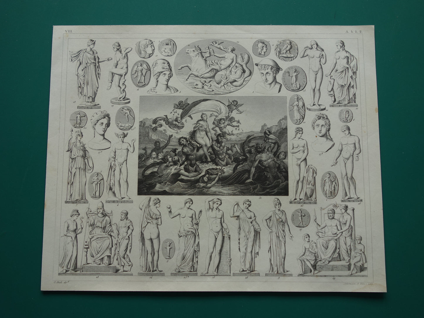 Griekse en Romeinse goden antieke print Originele 175+ jaar oude illustratie Sculpturen Minerva Diana Venus vintage religie prenten oudheid