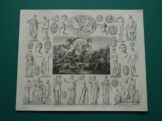 Antiker Druck griechischer und römischer Götter. Original über 175 Jahre alte Illustration. Skulpturen. Minerva, Diana, Venus. Vintage-Religionsdrucke der Antike