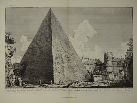 Oude prent van Piramide van Cestius Rome uit 1886 antieke facsimile Piranesi uit Vedute di Roma vintage print Graftombe voor Gaius Cestius