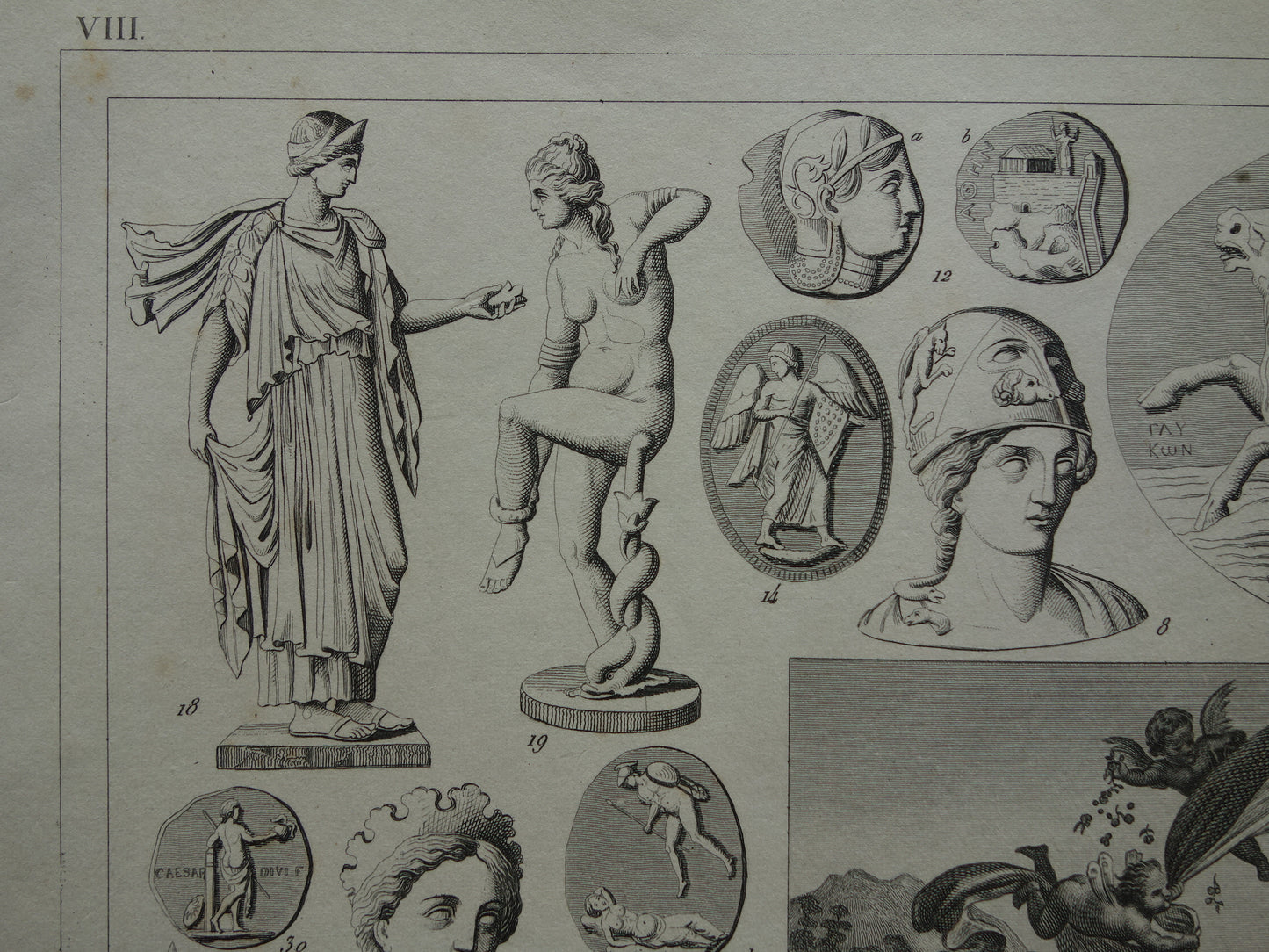 Griekse en Romeinse goden antieke print Originele 175+ jaar oude illustratie Sculpturen Minerva Diana Venus vintage religie prenten oudheid