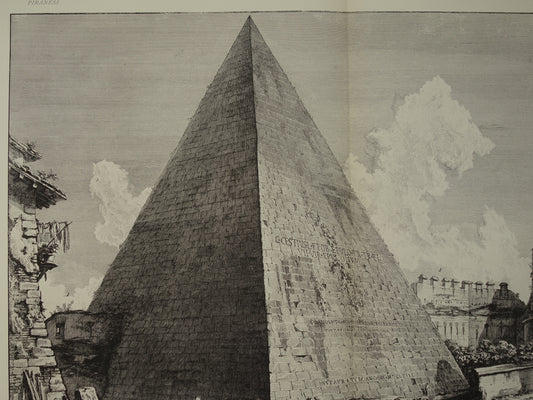 Oude prent van Piramide van Cestius Rome uit 1886 antieke facsimile Piranesi uit Vedute di Roma vintage print Graftombe voor Gaius Cestius