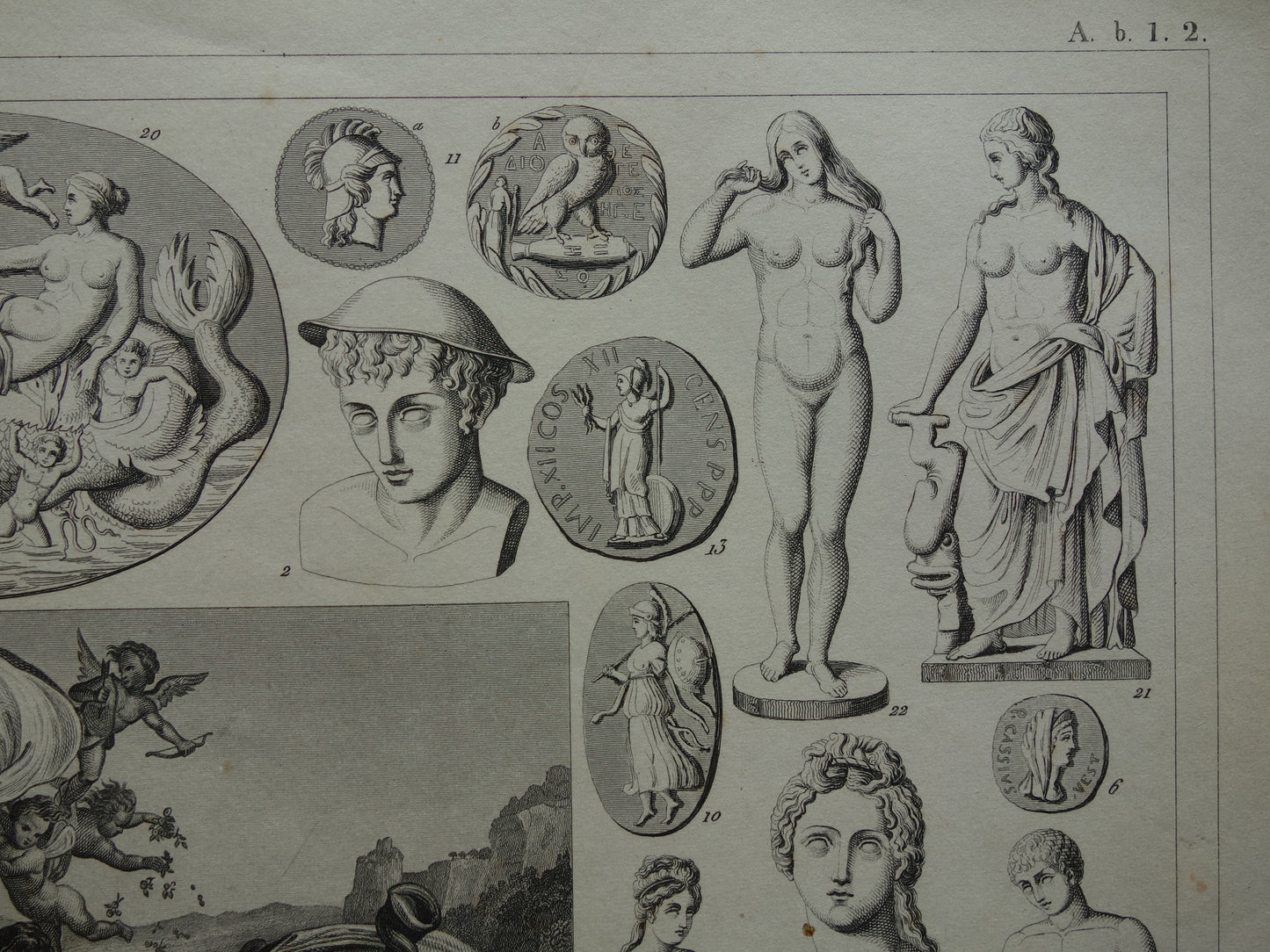 Griekse en Romeinse goden antieke print Originele 175+ jaar oude illustratie Sculpturen Minerva Diana Venus vintage religie prenten oudheid