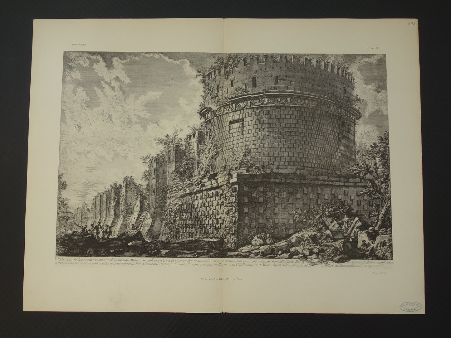 Oude prent van De Tombe van Caecilia Metella Rome Via Appia uit 1886 antieke facsimile Piranesi uit Vedute di Roma vintage print
