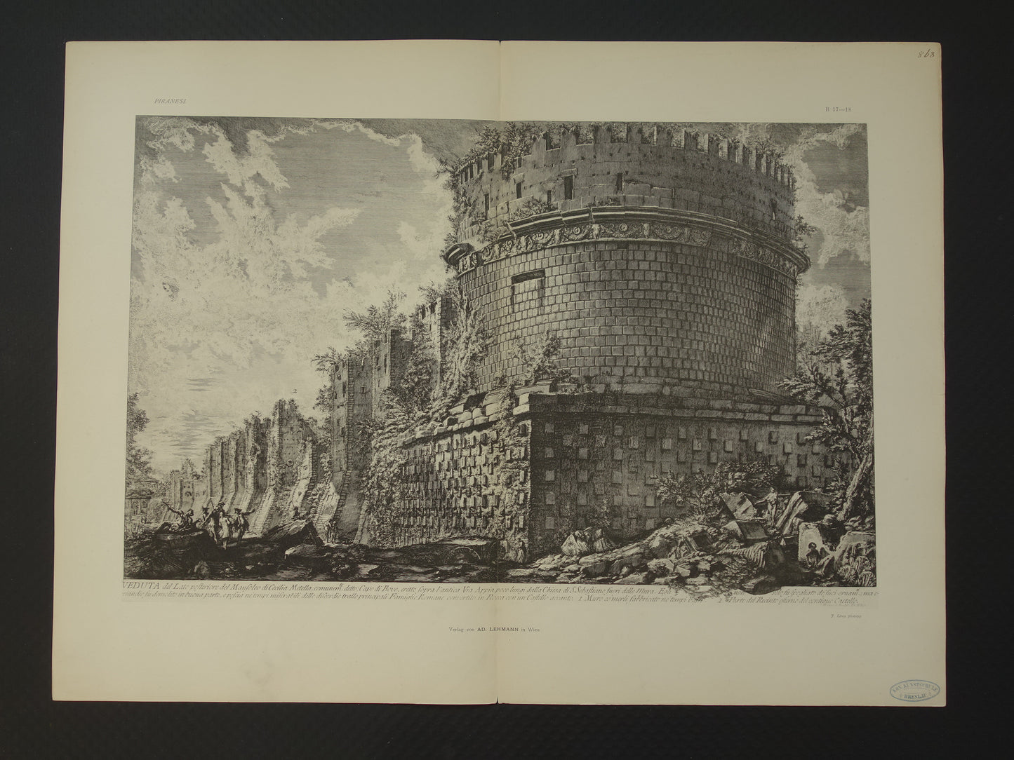 Oude prent van De Tombe van Caecilia Metella Rome Via Appia uit 1886 antieke facsimile Piranesi uit Vedute di Roma vintage print