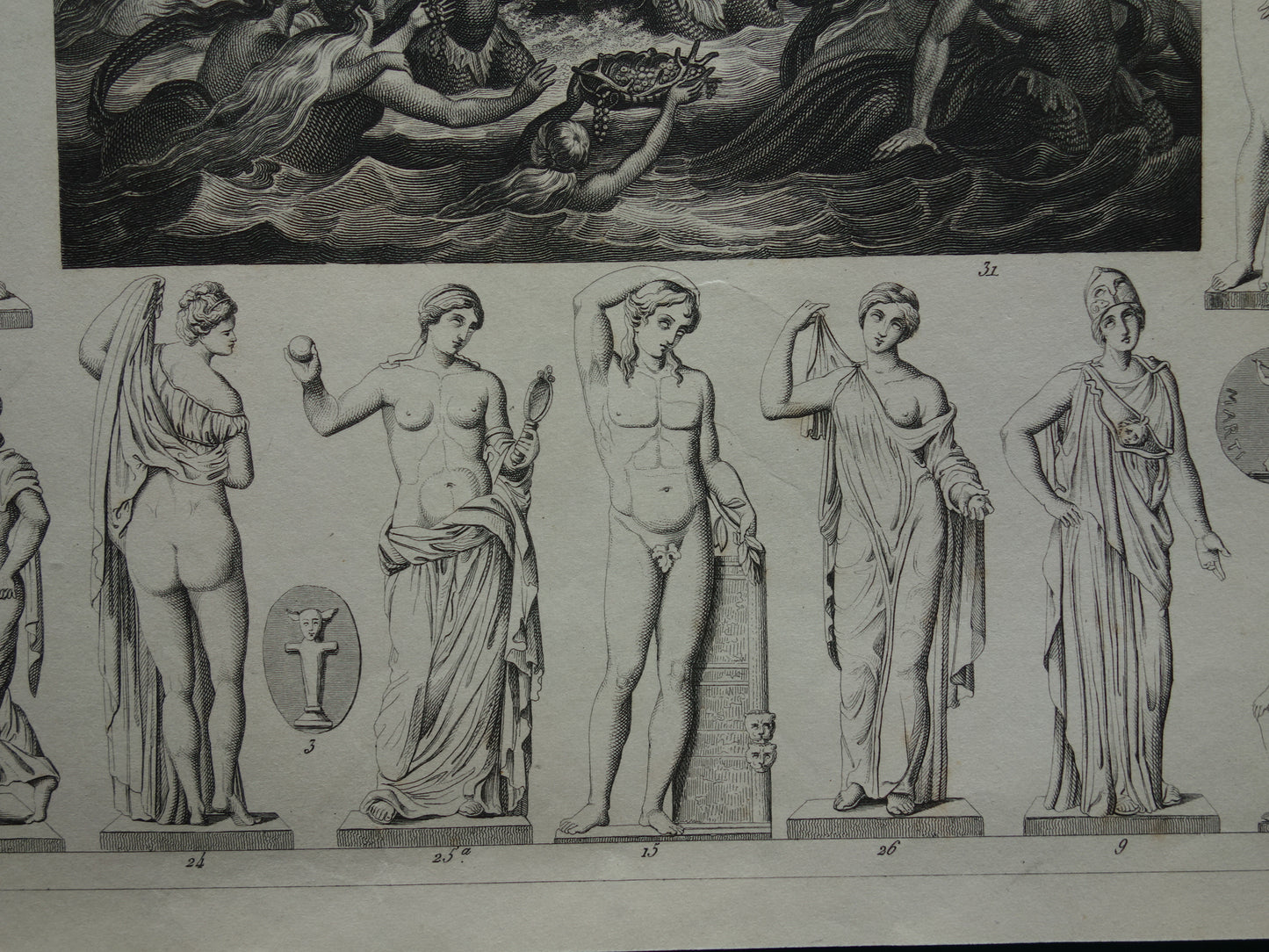 Griekse en Romeinse goden antieke print Originele 175+ jaar oude illustratie Sculpturen Minerva Diana Venus vintage religie prenten oudheid