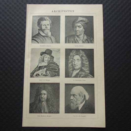 Oude Nederlandse prent van beroemde architecten Cuypers de Keyser van Campen portret antieke architectuur illustratie