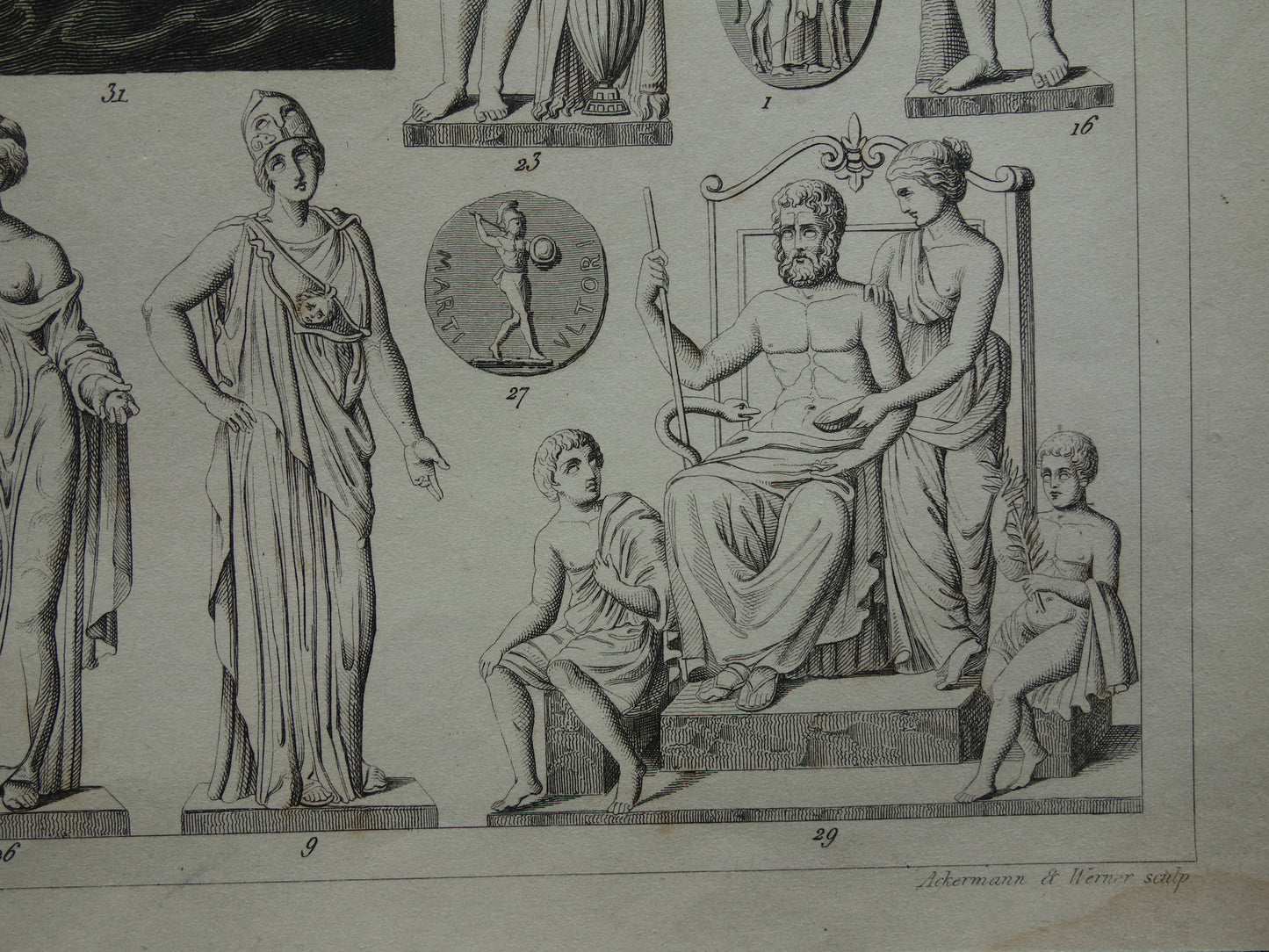 Griekse en Romeinse goden antieke print Originele 175+ jaar oude illustratie Sculpturen Minerva Diana Venus vintage religie prenten oudheid