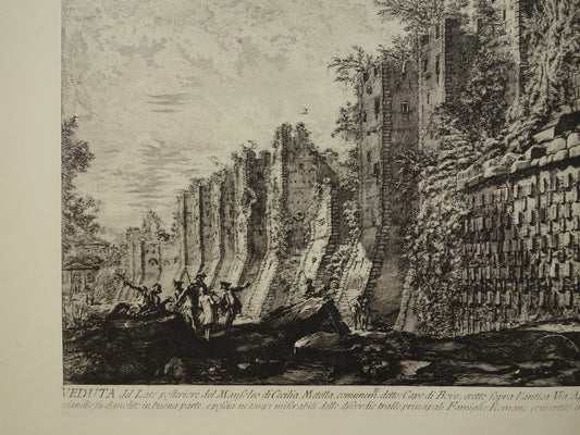 Oude prent van De Tombe van Caecilia Metella Rome Via Appia uit 1886 antieke facsimile Piranesi uit Vedute di Roma vintage print