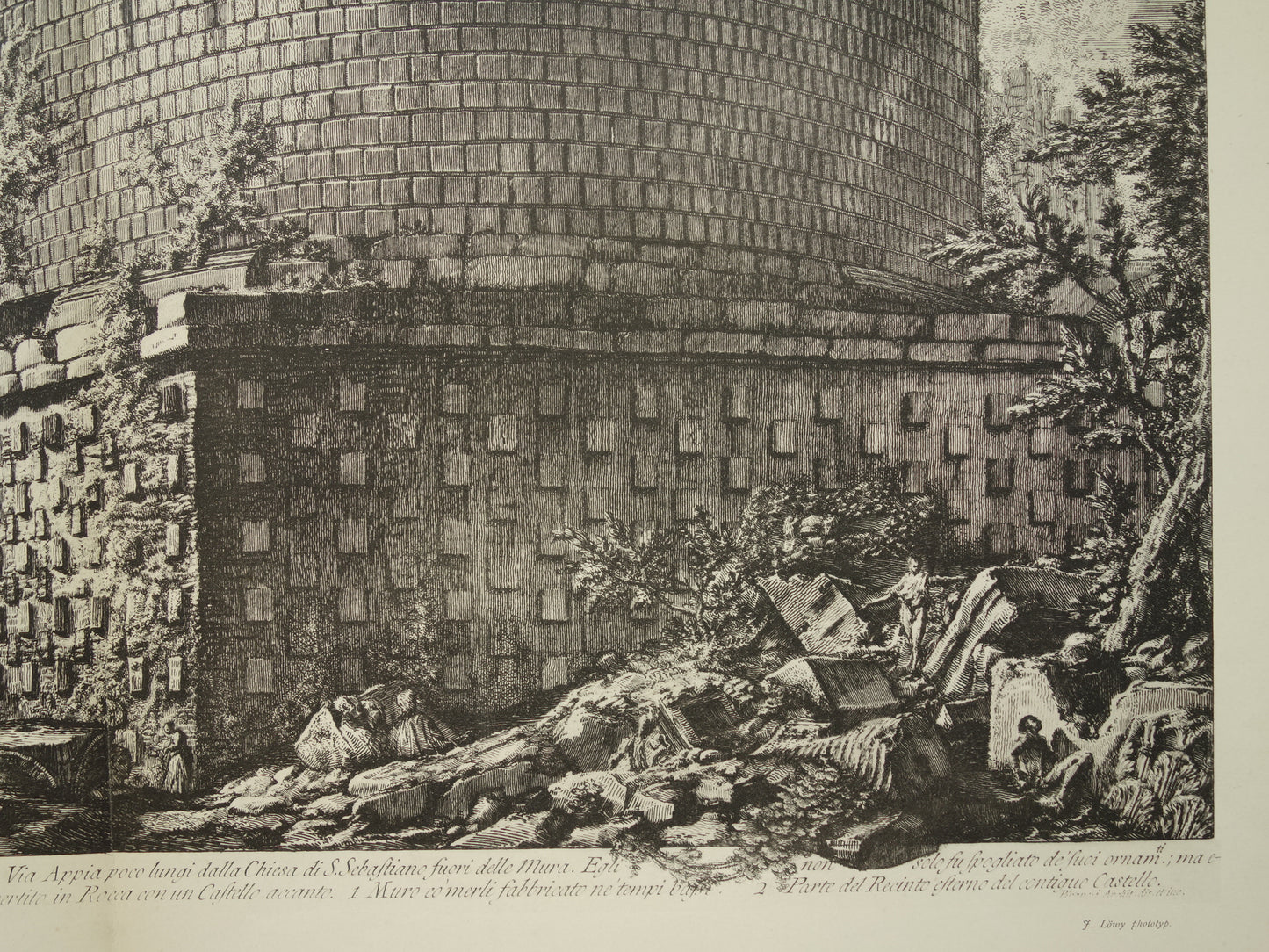 Oude prent van De Tombe van Caecilia Metella Rome Via Appia uit 1886 antieke facsimile Piranesi uit Vedute di Roma vintage print