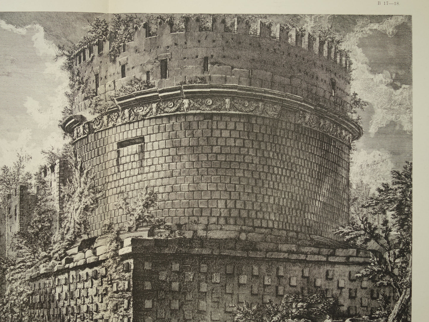 Oude prent van De Tombe van Caecilia Metella Rome Via Appia uit 1886 antieke facsimile Piranesi uit Vedute di Roma vintage print