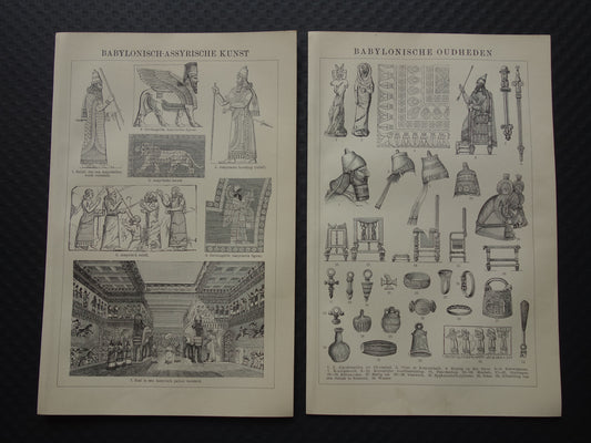 BABYLON oude prent over Assyrië 1905 antieke afbeeldingen van Assyrische Babylonische kunstmeubels obelisk sieraden Babyloniërs Hillah Mesopotamië