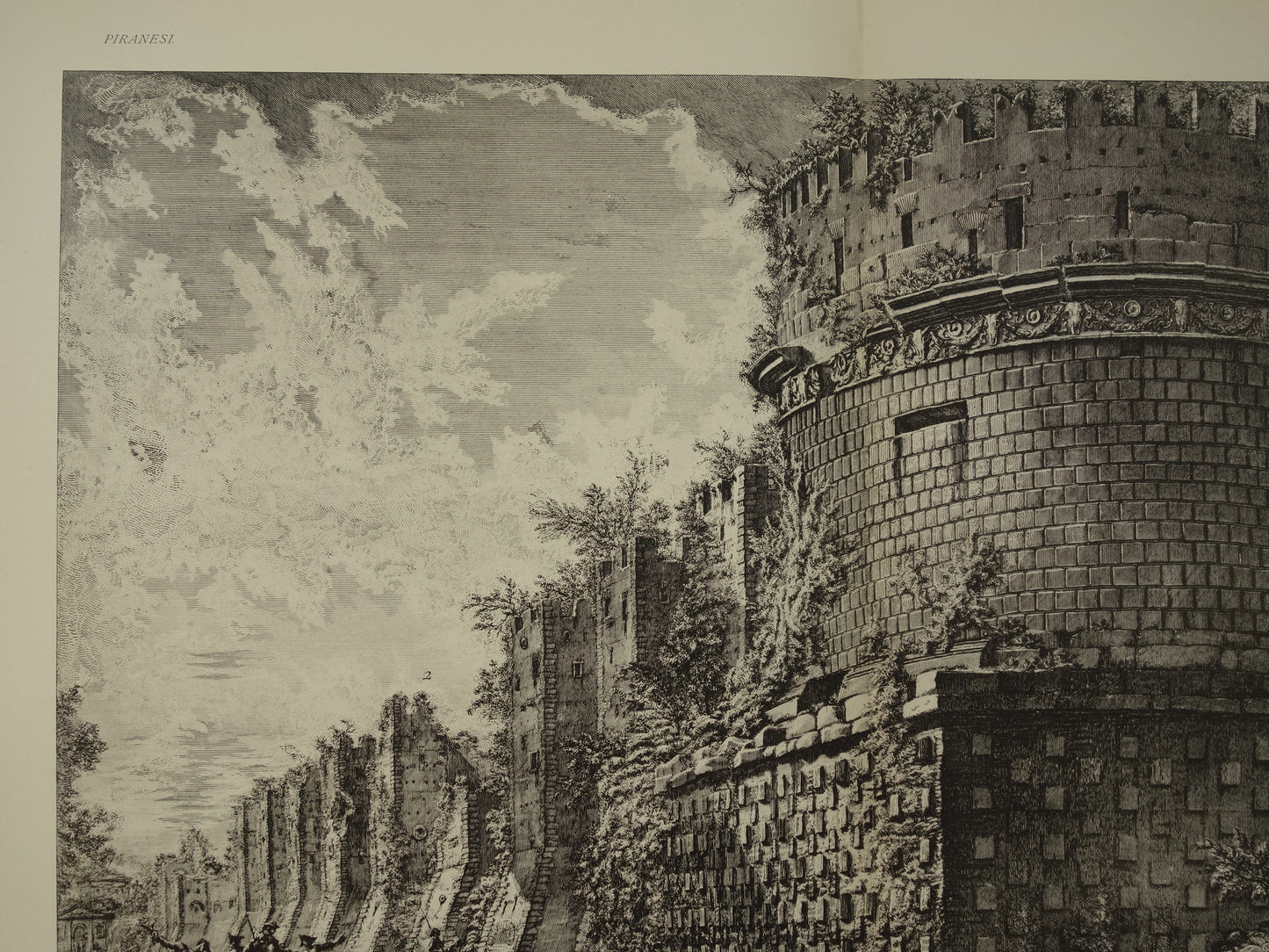 Oude prent van De Tombe van Caecilia Metella Rome Via Appia uit 1886 antieke facsimile Piranesi uit Vedute di Roma vintage print